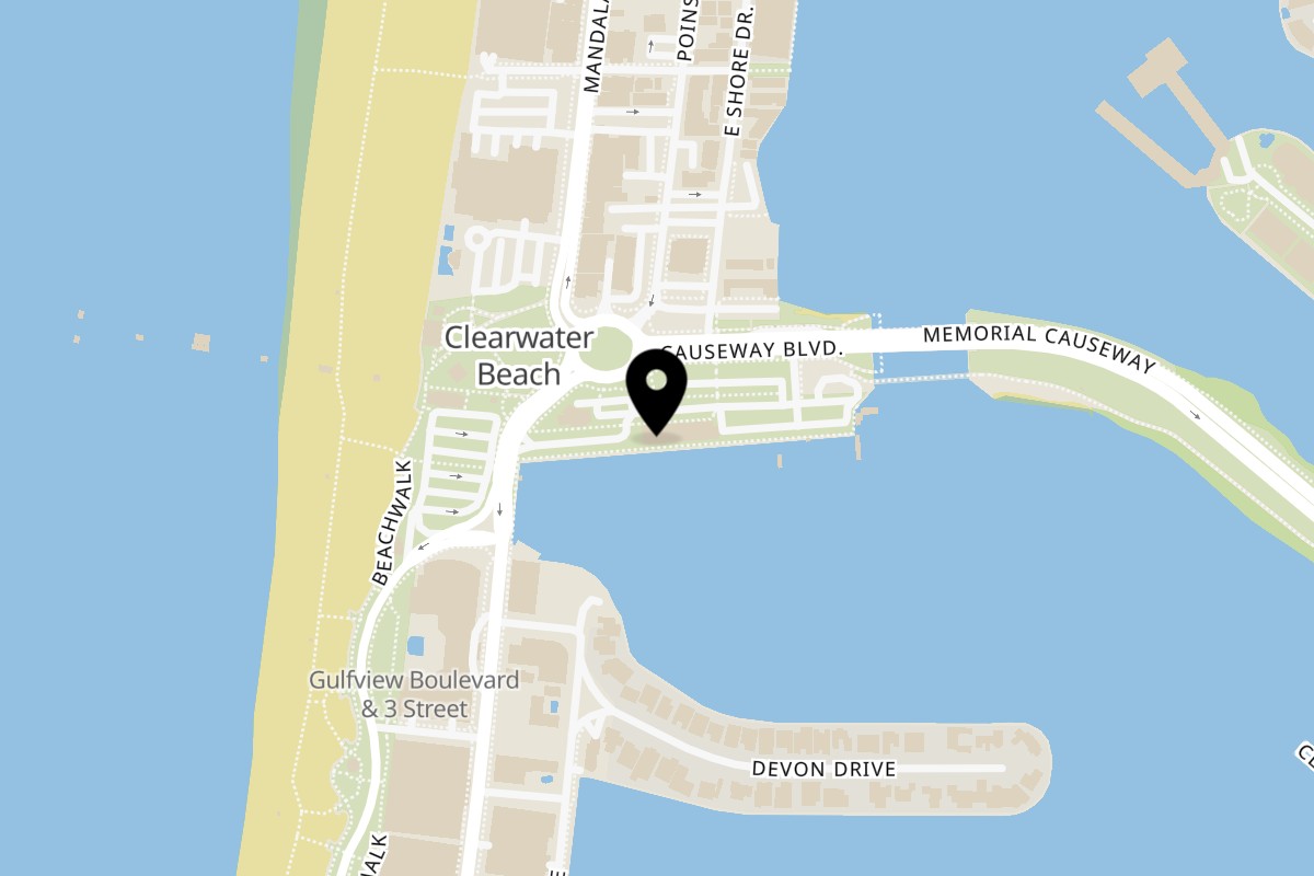 Map showing the location of Roundabout Pizza on 25 Causeway Blvd in Clearwater